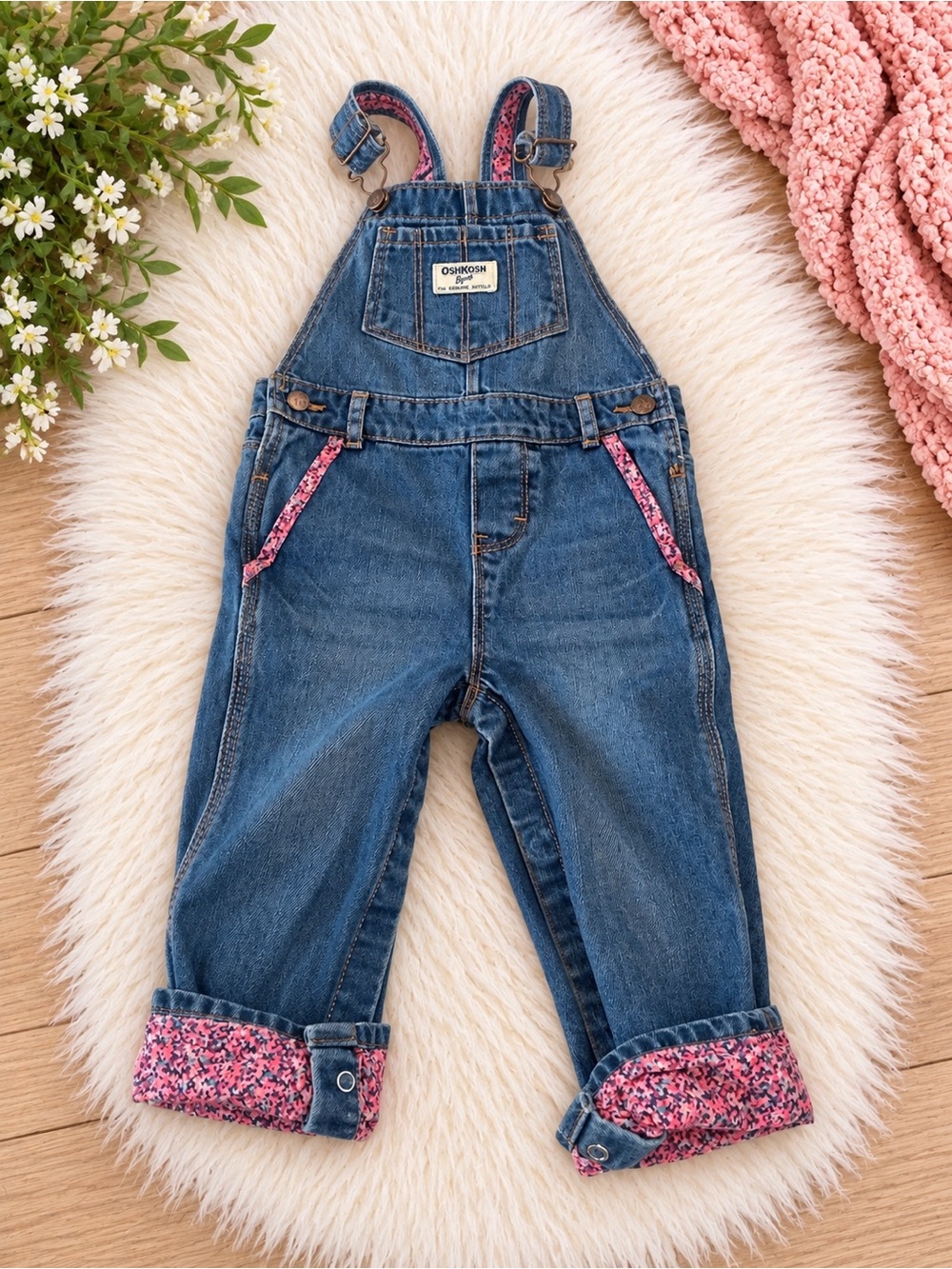 OshKosh B'gosh “VINTAGE” Blue Denim Overalls with Pink Floral Trim. 24 months